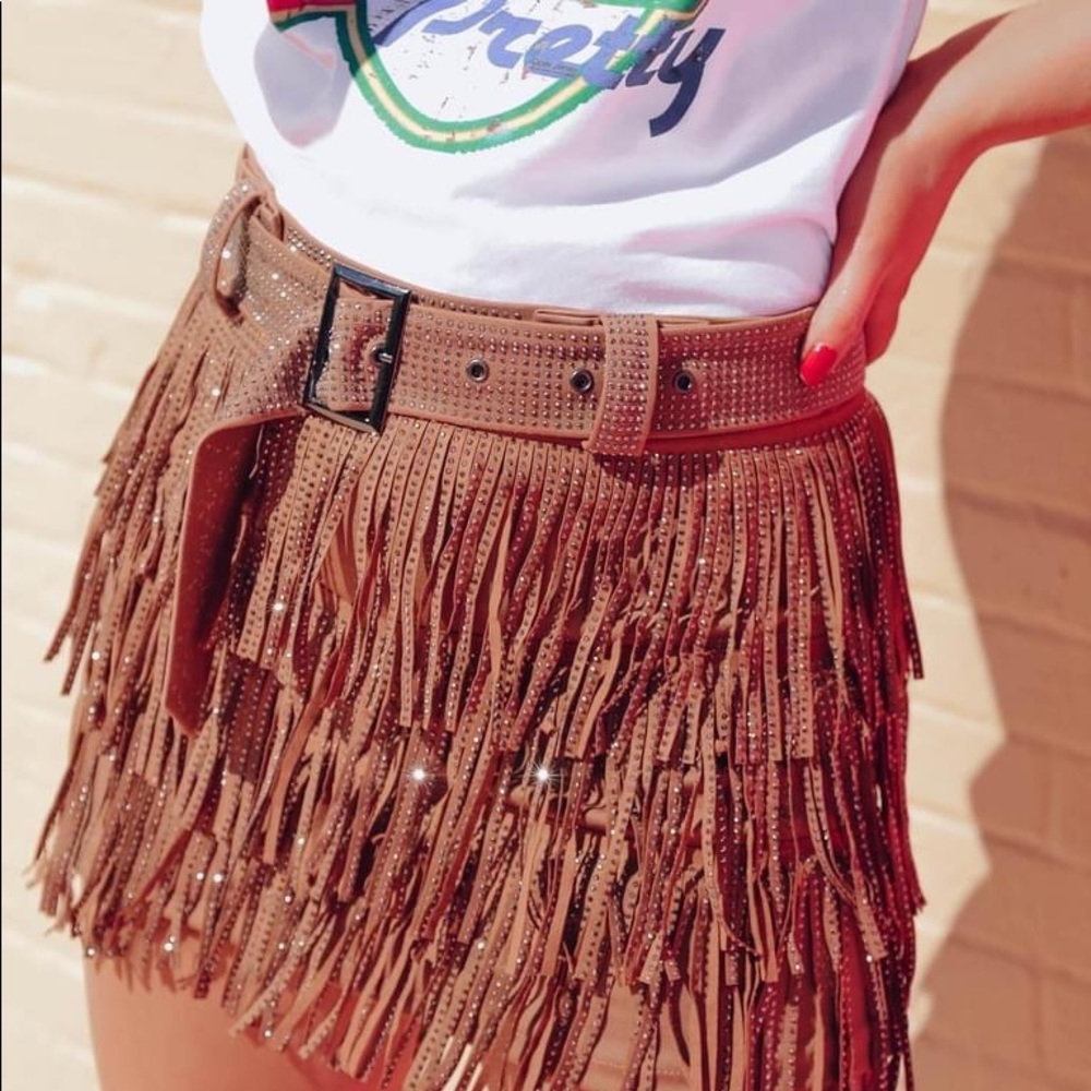 Suede fringe rhinestone skirt